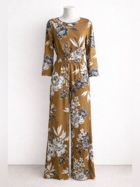 Who What Wear Floral Long Sleeve Pantsuit - Mustard Yellow